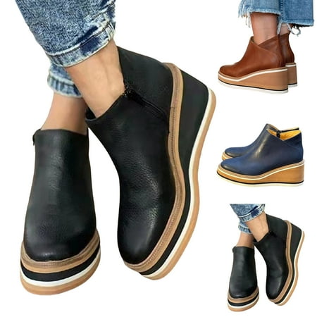 

MEGAWHEELS Women s Booties Western Cowboy Womens Boots Fashion Wedges Heel Boots Concise Retro Side Zipper Low Shoes Ankle Booties Solid Colors Fashion Classic Cowgirl Modern Shoes Simplicity Ankle