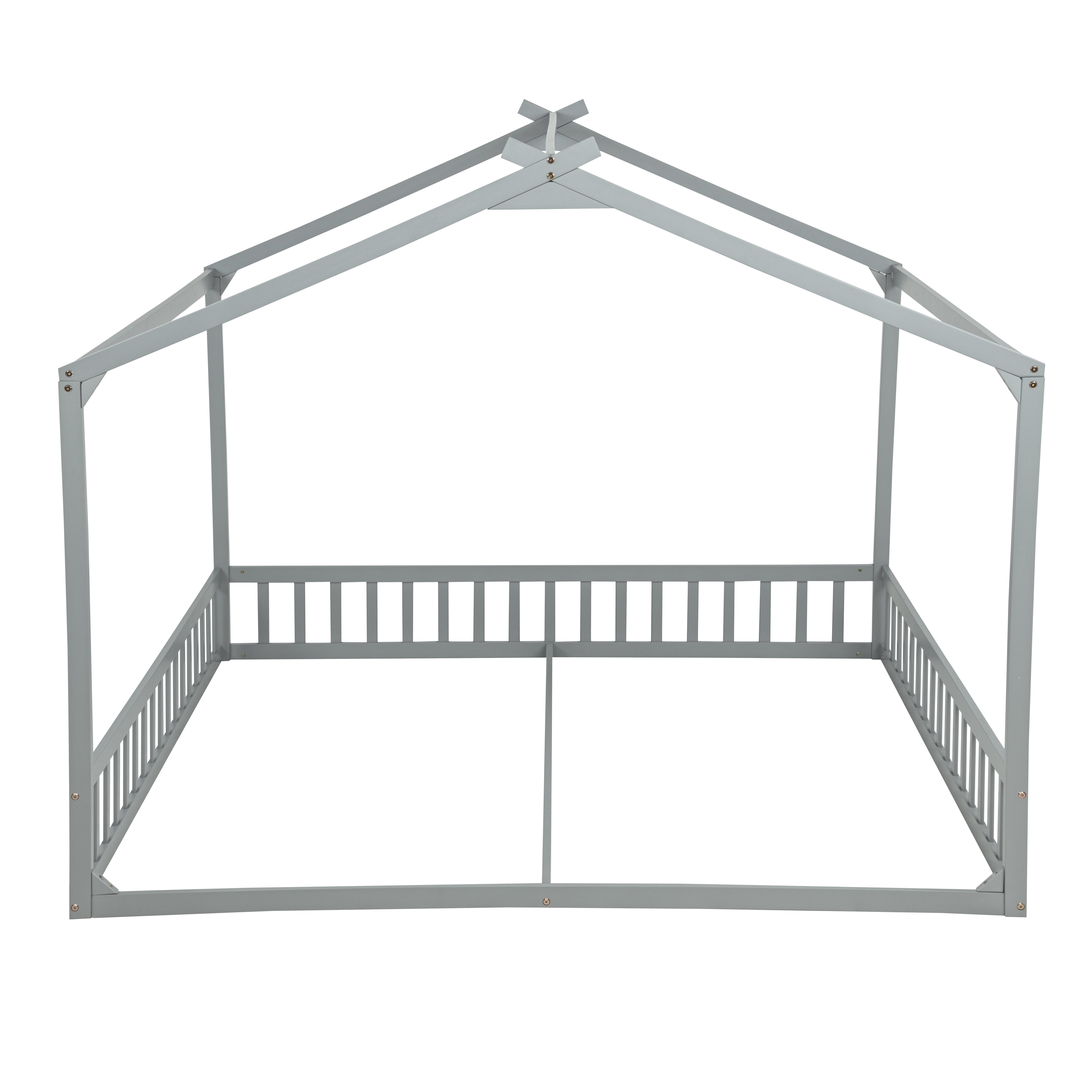 GARITIN Double Twin House Shaped Floor Bed 77.4 Inch, Kids Floor Bed with Safety Guardrails for Children Shared Bedroom, Grey