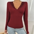 thumbnail image 2 of Womens Ribbed Fitted Tight Tshirt Deep V Neck Lace Blouses Long Sleeve Slim Fit Basic Shirts Solid Comfy Tee Tops, 2 of 5