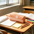 thumbnail image 3 of Pink Pencil Case Canvas Pencil Pouch with Carrying Handle, Classic Stripe Pen Bag for Office Desk Organization, Holds 25 Pens, 3 of 7
