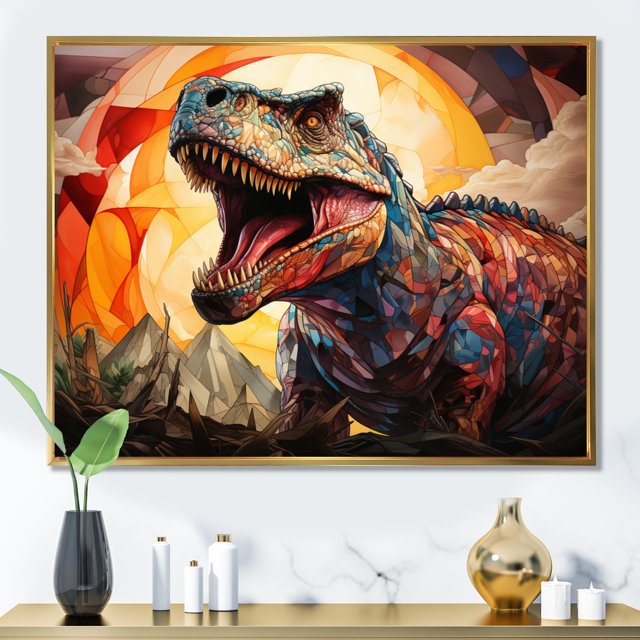 Designart Dinosaur framed wall art decor, Dinosaurframed wall art, Geometric Rendering of a Prehistoric Dinosaur Legacy I , Extra large Modern Gold framed wall art, 32x16 inches Gold Frame