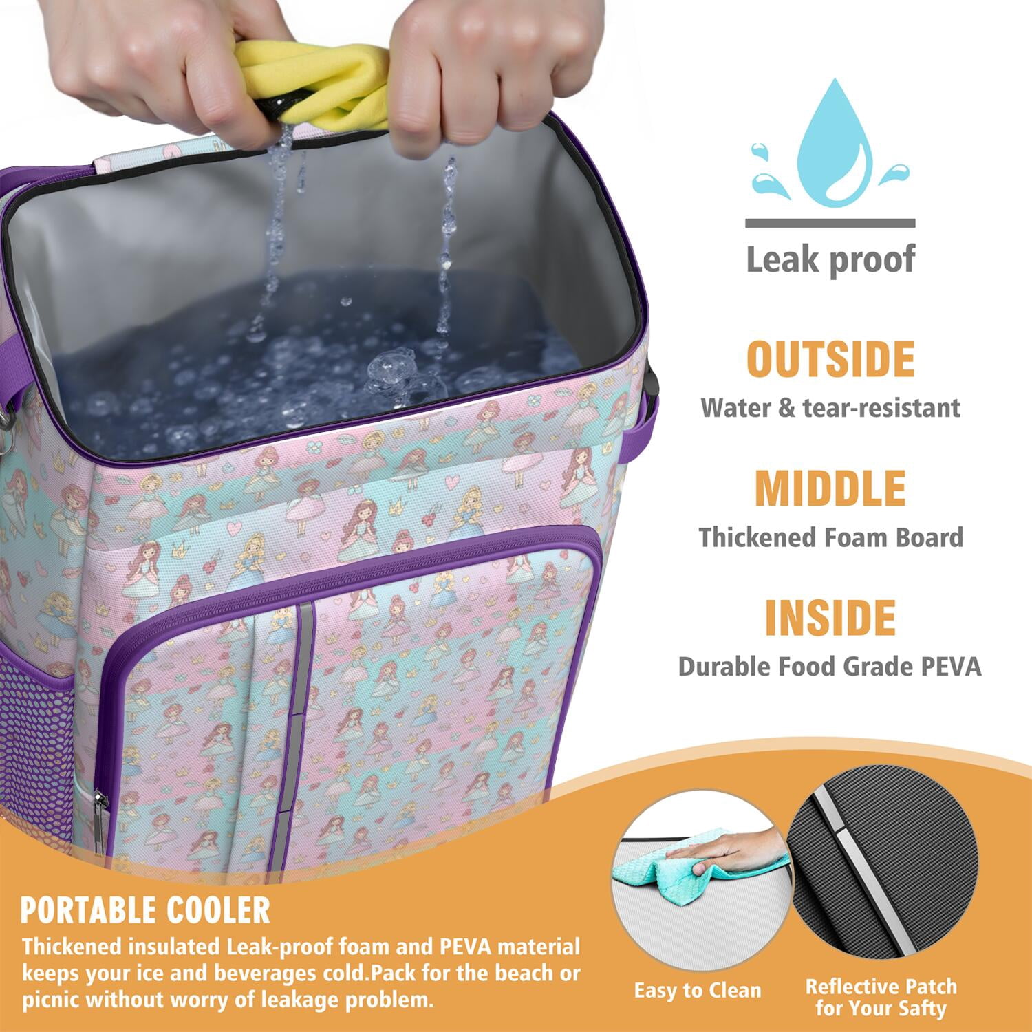 Travel Cooler Bag - Pastel Princess Pattern Camping Beer Cooler Backpack with Bottle Opener- Waterproof Insulated Picnic Backpacks - Cooler Bag for Beach