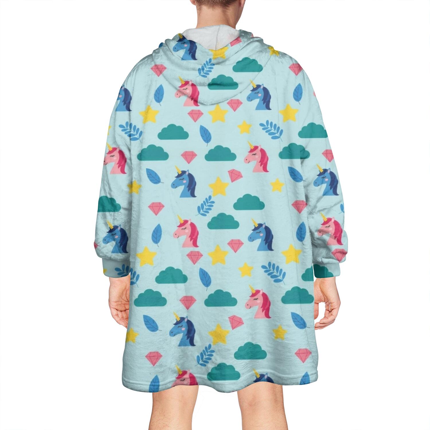 Wearable Oversized Blanket,Blue Cartoon Unicorn Cloud Diamond Leaf Pattern Wearable Blanket Hoodie for Adults,Cozy Hooded Blankets with Super Pockets,Super Warm Fuzzy Pullover for Women & Men