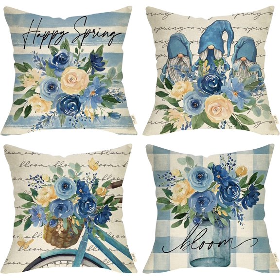 Happy Spring Blue Flower Gnome Decorative Throw Pillow Cover 16 x 16 Set of 4, Floral Rose Buffalo Plaid Porch Patio Outdoor Home Decor, Bloom Stripes Bike Seasonal Farmhouse Couch Cushion Case