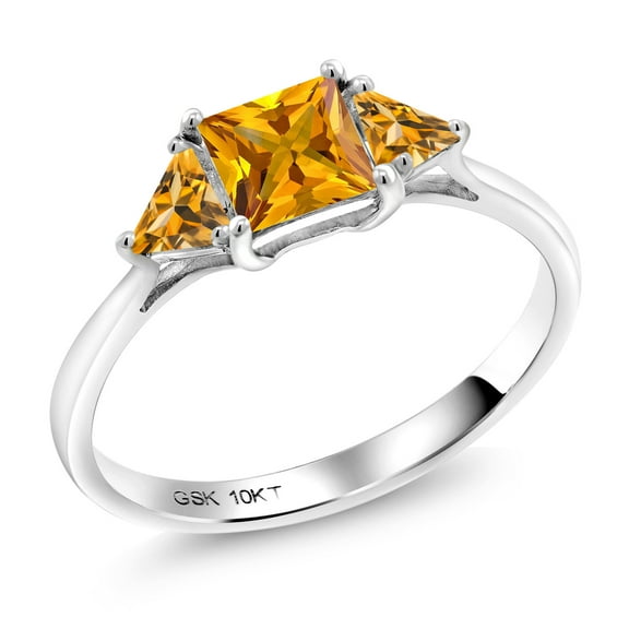 Gem Stone King 10K White Gold Yellow Citrine 3 Stone Engagement Ring for Women (0.88 Cttw, Gemstone November Birthstone, Princess Center 5MM, Trillion 3.5MM, Size 9)
