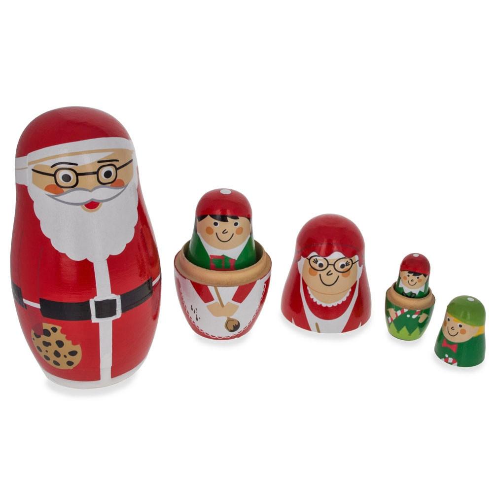 Claus Mrs Elf /& Snowman Wooden Nesting Dolls 4.75 Inches Set of 5 Santa Claus