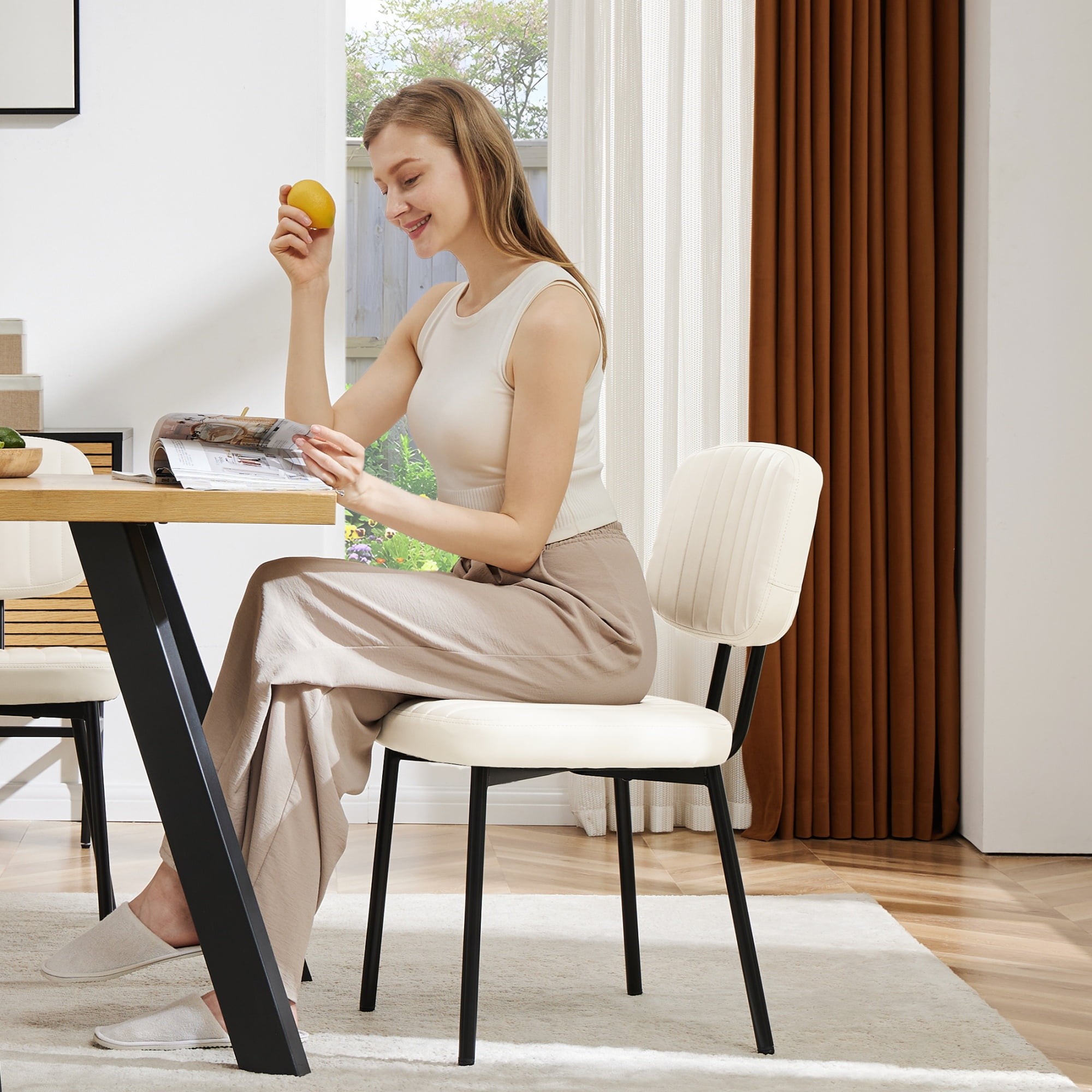 edx Dining Chairs Set of 4, Mid Century Modern Kitchen Chairs with Faux Leather for Kitchen, Living Room, Beige