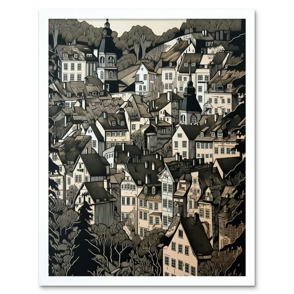 Black Forest City Baden Monochrome Cityscape Art Print Framed Poster Wall Decor 12x16 inch