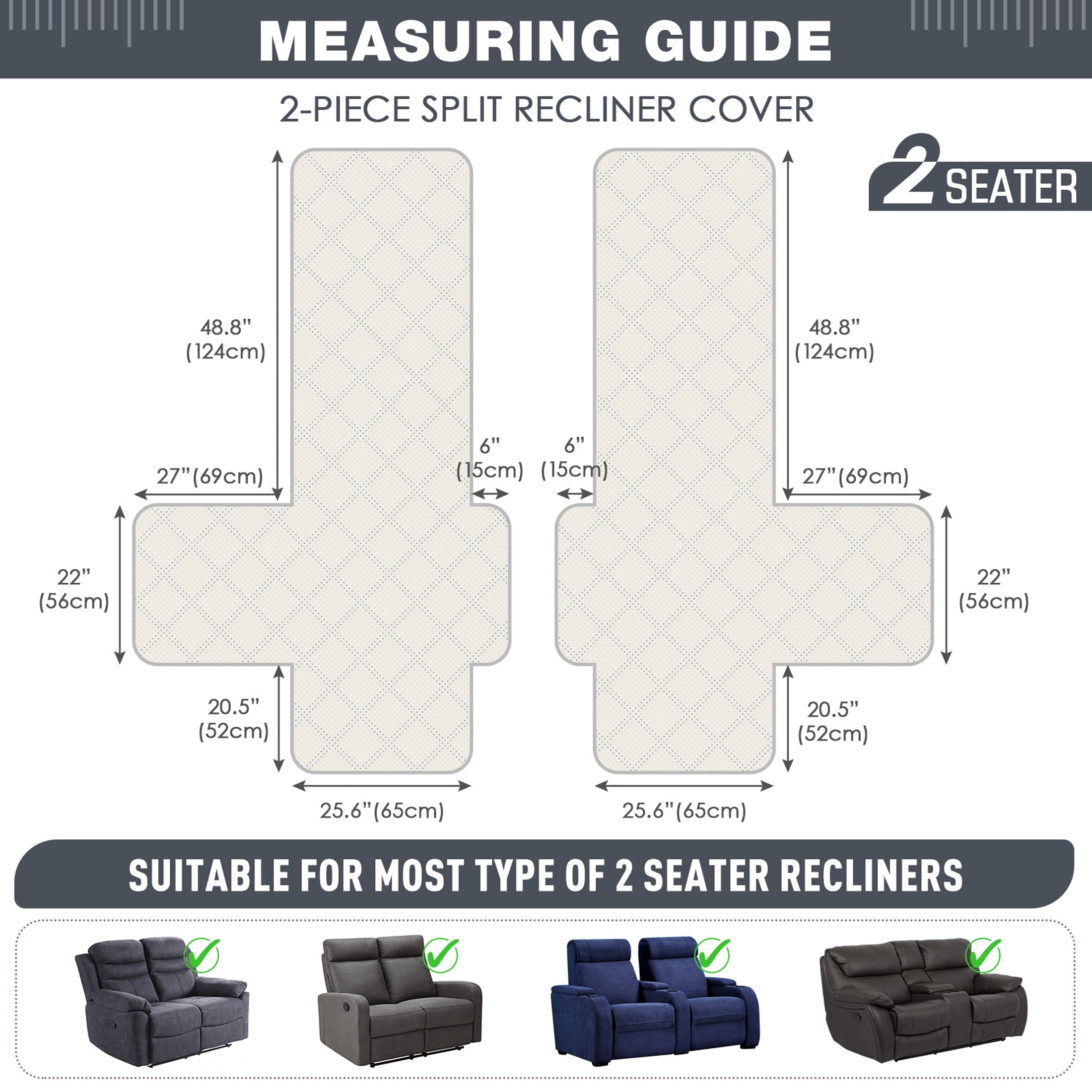 TAOCOCO Waterproof Recliner Couch Covers, Anti-Slip Sofa Slipcovers for Reclining 2 Seater Couch, Split Sofa Cover for Each Seat with Pockets Pets Furniture Protector,Dark Gray