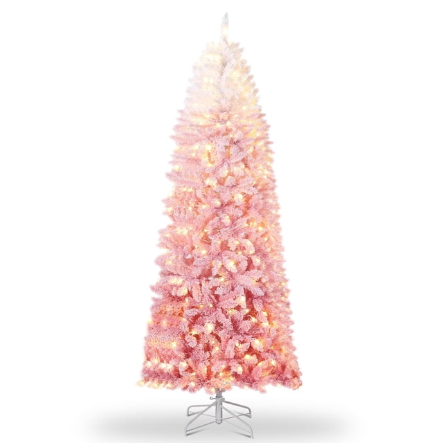 6 ft Christmas Tree,Snow Flocked Pencil Christmas Tree, Slim Artificial Christmas Tree with Sturdy Metal Stand,Space-Saving Design for Home and Office Decor,Pink Gradient