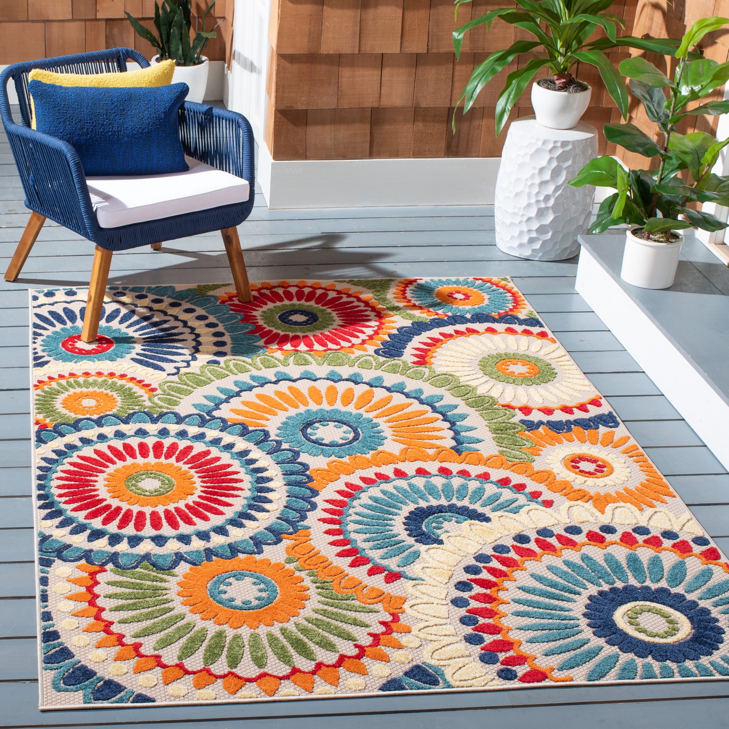 SAFAVIEH Cabana Brynn Floral Indoor/Outdoor Area Rug, Blue/Ivory, 6'7" x 6'7" Square