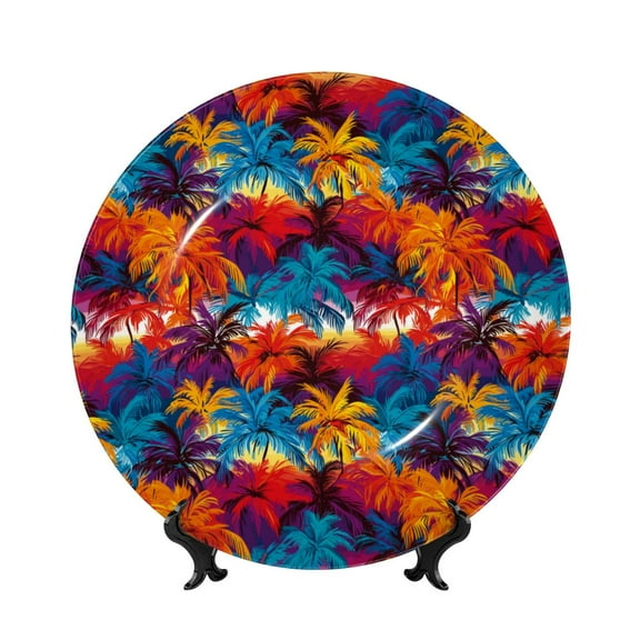Picia Colorful Hawaii Palms Pattern Bone China Decorative Plate – Wall Decor with Stand and Adhesive, Elegant Ornament for Living Room, Office, or Entryway-6in