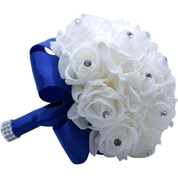 Wedding Bouquet - Bride & Bridesmaid Hand Roses, Silk Roses, Crystal Diamond Artificial Flowers for Wedding Parties, Churches (Blue)