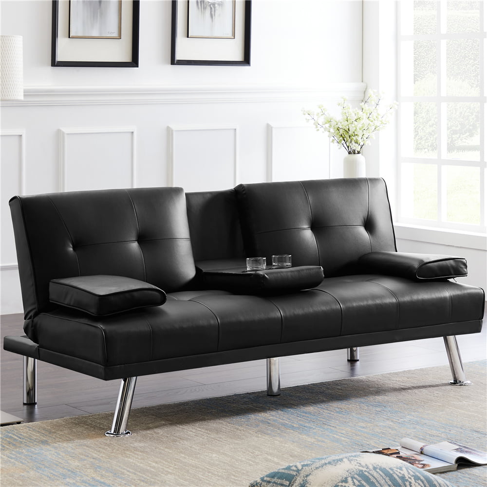 Sleeper Sofa Bed Convertible Leather Couch Adjustable Living Room Futon Black 