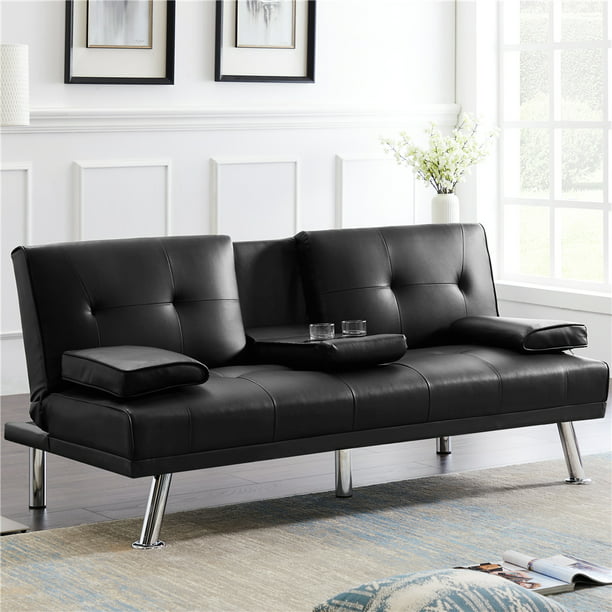 Futon Sofa Bed Modern Pu Leather, Small Black Leather Sleeper Sofa