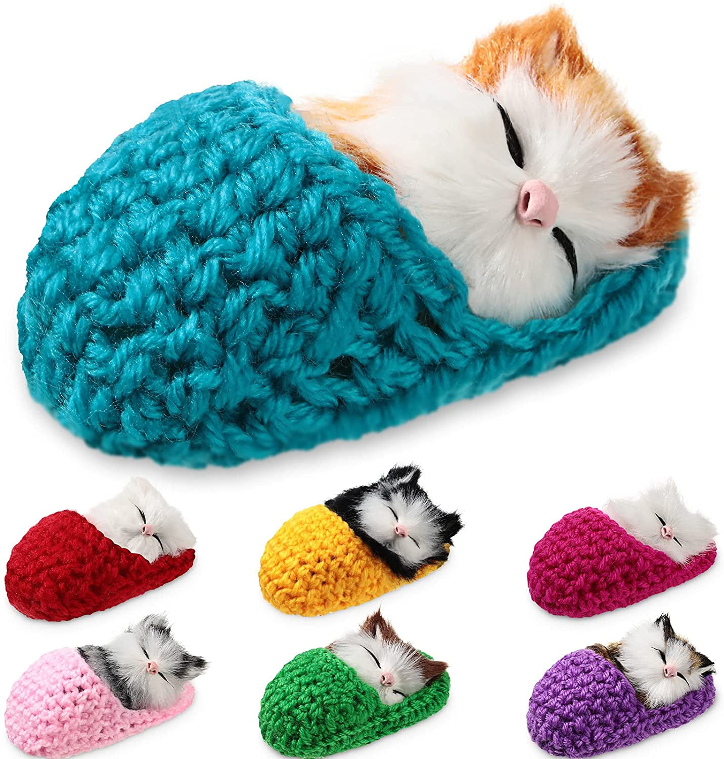 7 Pieces Sleeping Cats in Slippers Opening Eyes Cats Doll Fluffy Mini