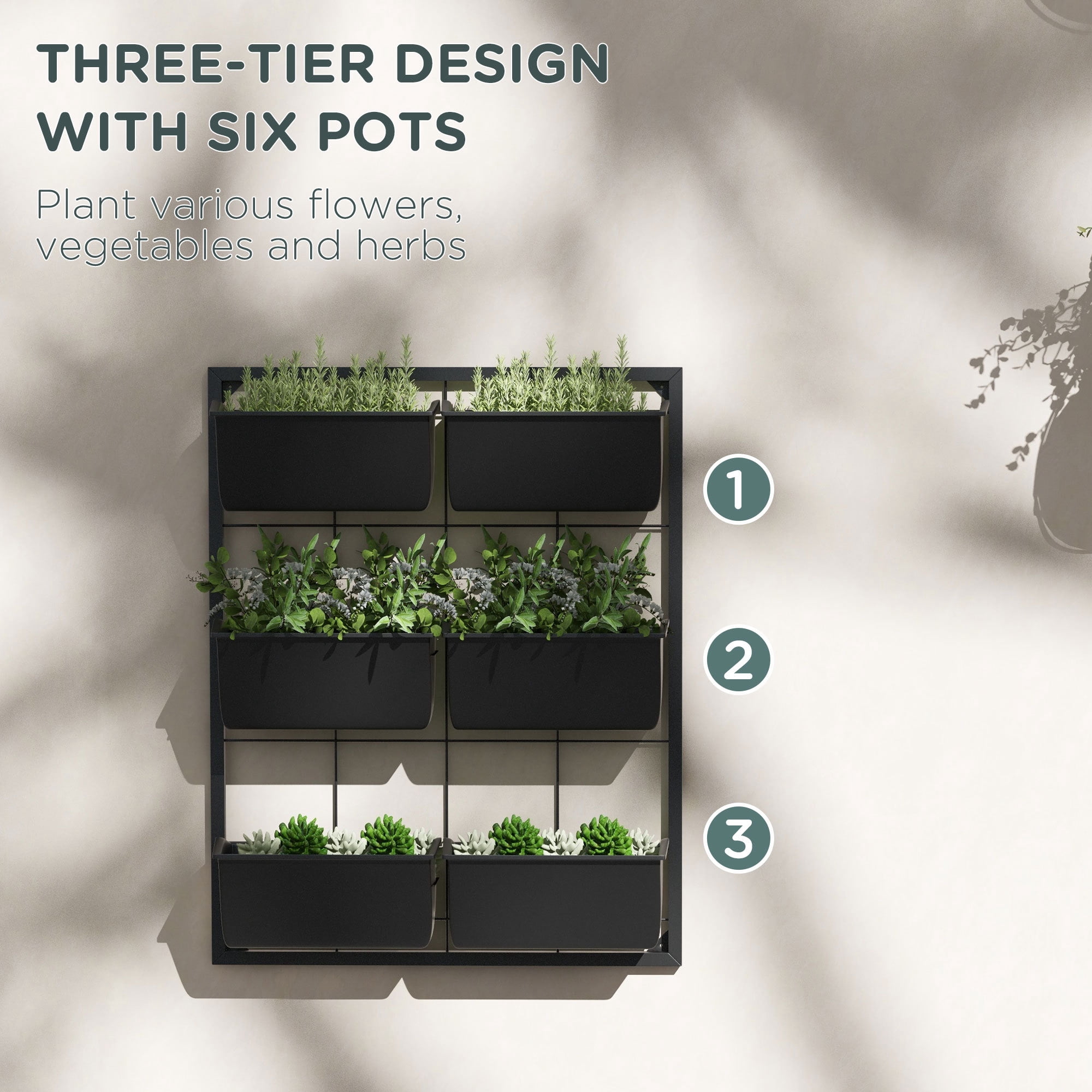 3 Tier Wall Planter with 6 Pots Self Draining Hanging Plant Holder for Indoor Outdoor Use