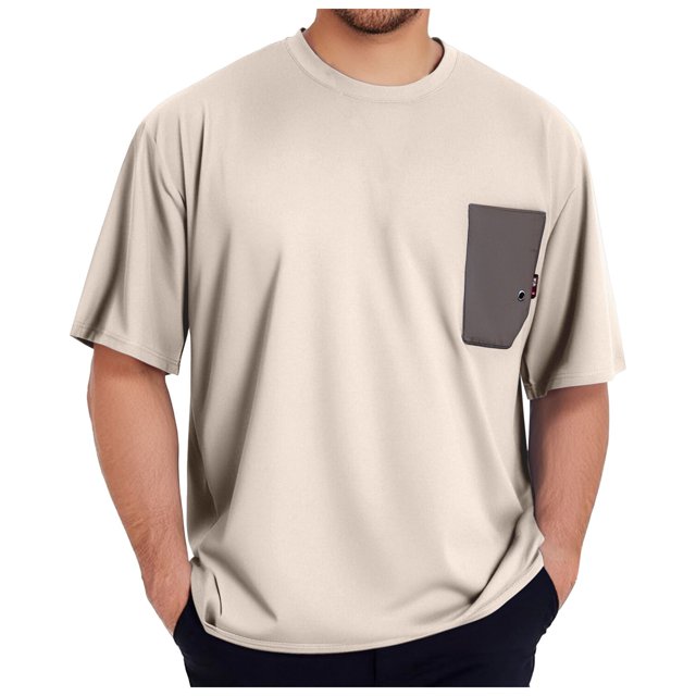 T-shirt Homme Patch Tricoté à Blocs de Couleur Sac à Col Rond Manches Courtes Homme Kaki XXXXXXL