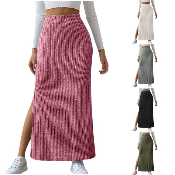 Hpapadks High Waisted Skirts for Women High Waist Stretchy Rib Knit Split Slit Hem Midi Pencil Skirt Army Green L