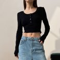 thumbnail image 4 of Top De Manga Larga Señoras Bodycon Top Cuello redondo Verano Casual Top Estilo sexy Costilla de punto Traje diario Ygjytge Negro S para Mujer, 4 of 6