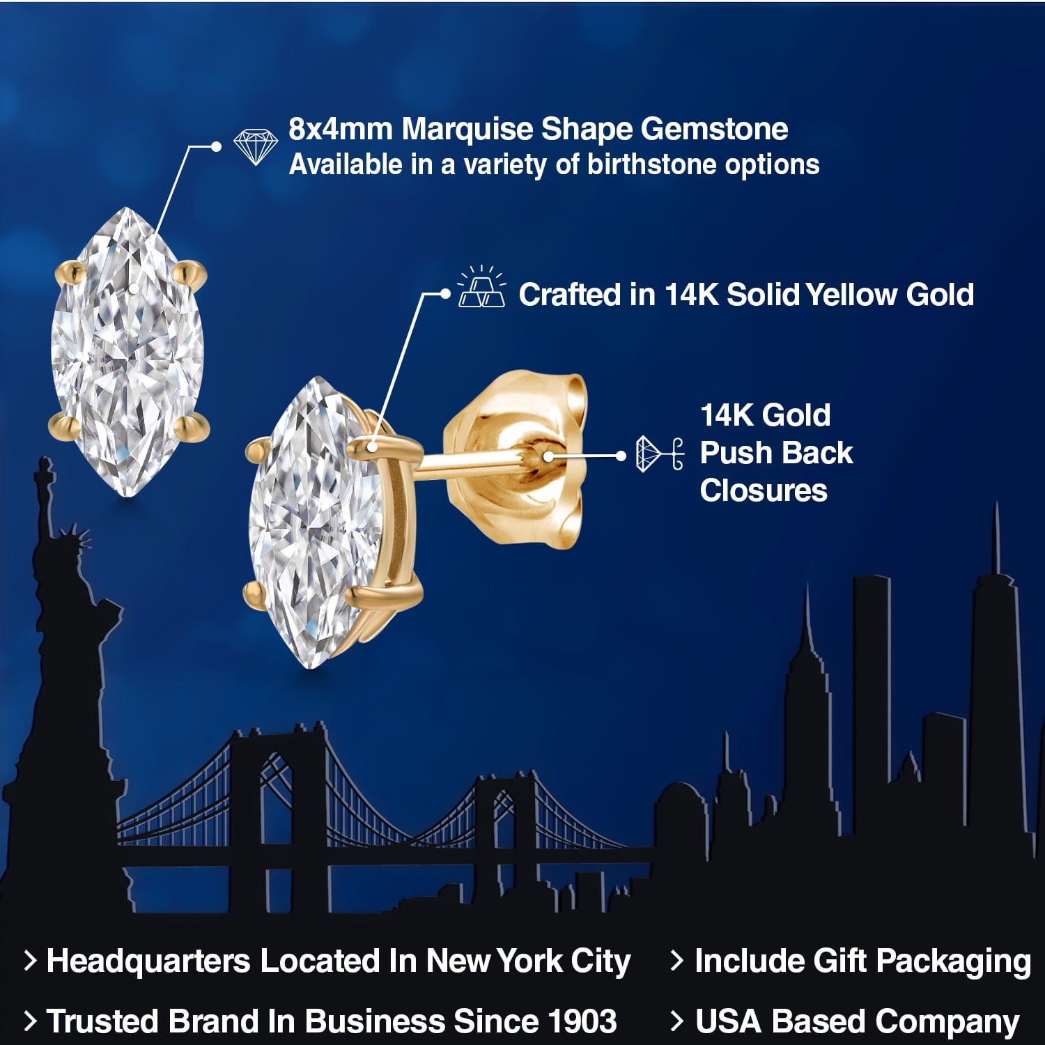 Gem Stone King 14K Yellow Gold Lab Grown Diamond Doble Notch Stud Earrings for Women Men | 0.88 Cttw | Gemstone April Birthstone | Marquise 8X4MM | E-F Color | VVS-VS Clarity