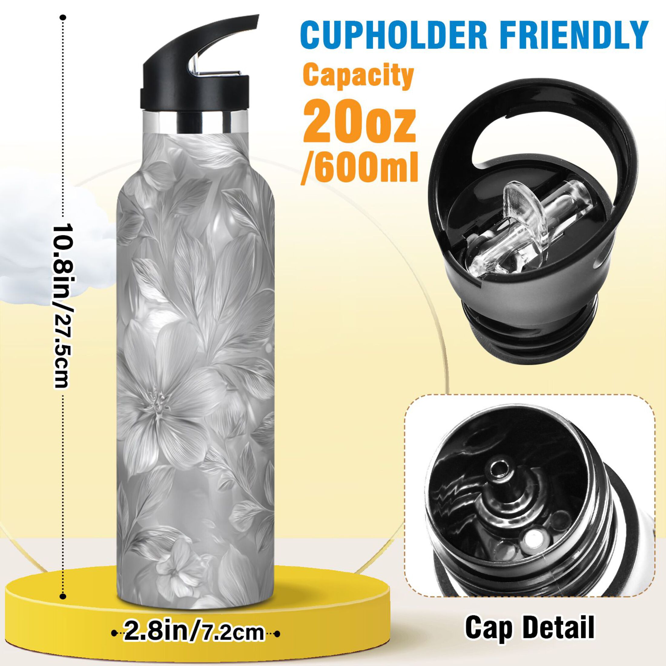 Kids Insulated Stainless Steel Sports Water Bottle 600ml (20oz) Silver Metal Flower Pattern