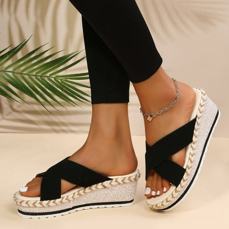 

Cathalem Womens Shoes Size 13 Sandals Summer Women Flock Open Toe Breathable Beach Sandals Slip On Casual Wedges Shoes Sandal Black 7