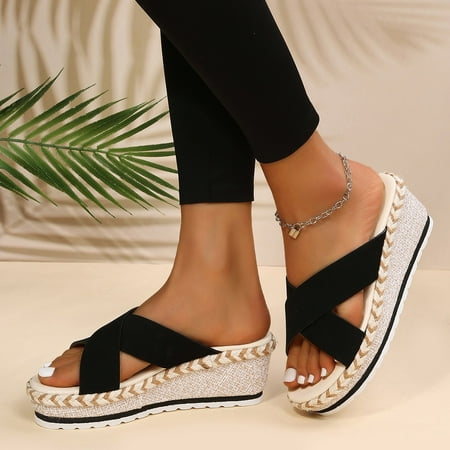 

uikmnh Women Shoes Summer Women Flock Open Toe Breathable Beach Sandals Slip On Casual Wedges Shoes Black 6.5