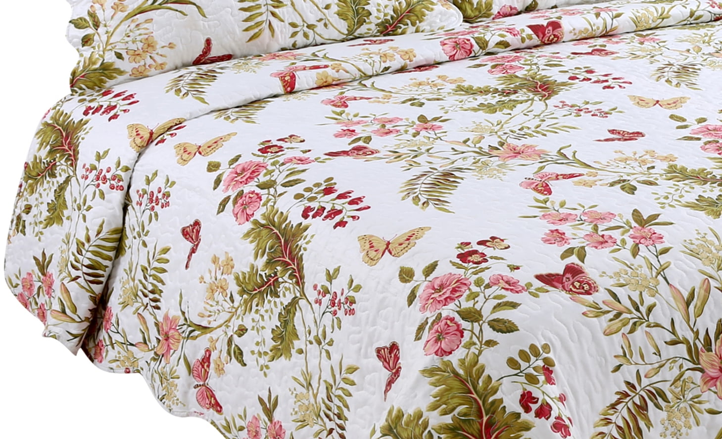 Marina Decoration Couvre-lit imprimé riche, couvre-lit ultra doux pour l'été, avec taies d'oreiller matelassées, motif papillon et fleur rose vert rouge