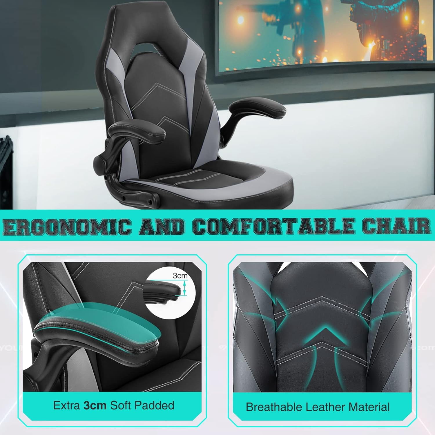 CONCETTA Gaming Desk Chair, Ergonomic PU Leather Office Task Chairs for Adults, Height Adjustable for Home Office Study Room Student,Gray