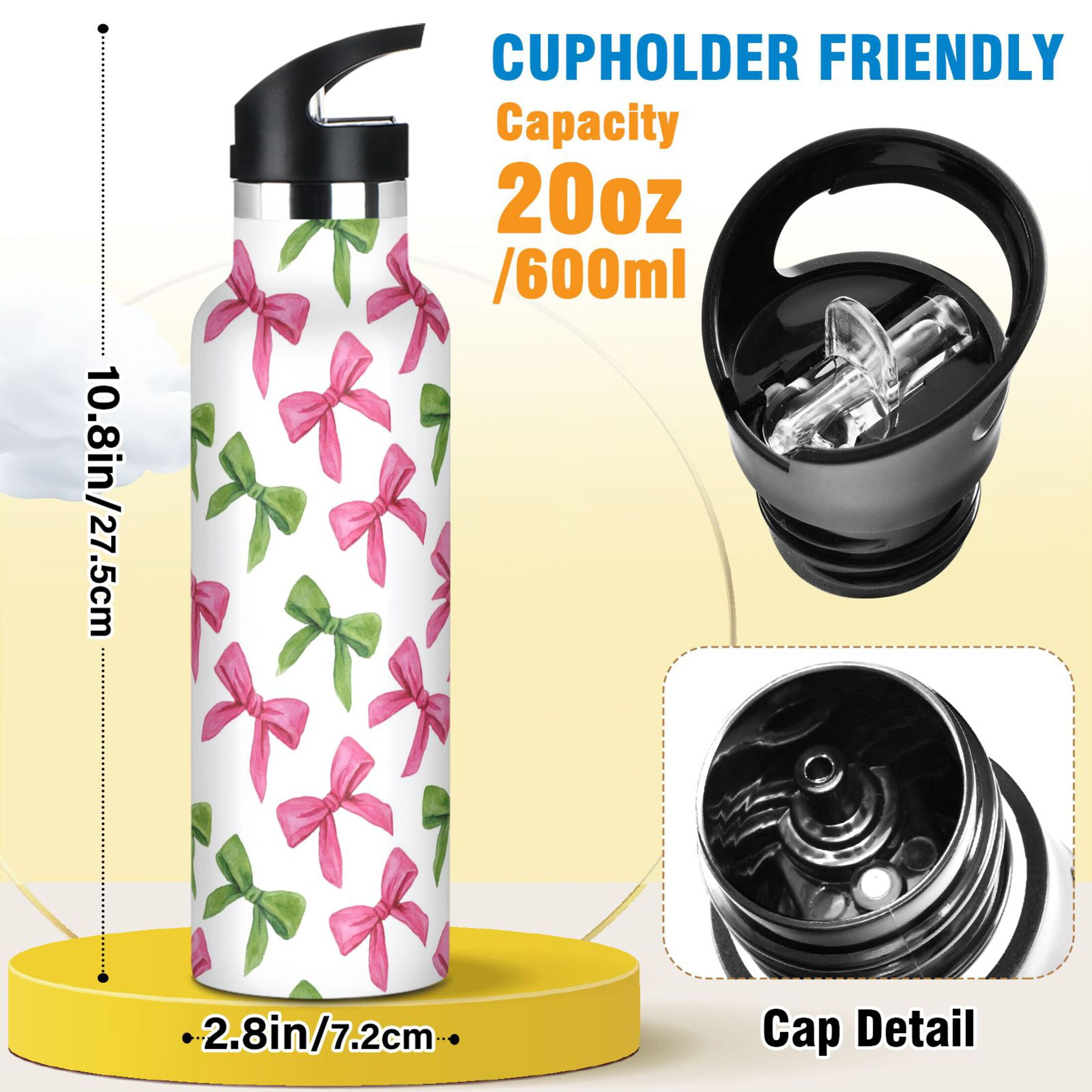 Kids Insulated Stainless Steel Sports Water Bottle 600ml (20oz) Pink Bows and Green Ribbons