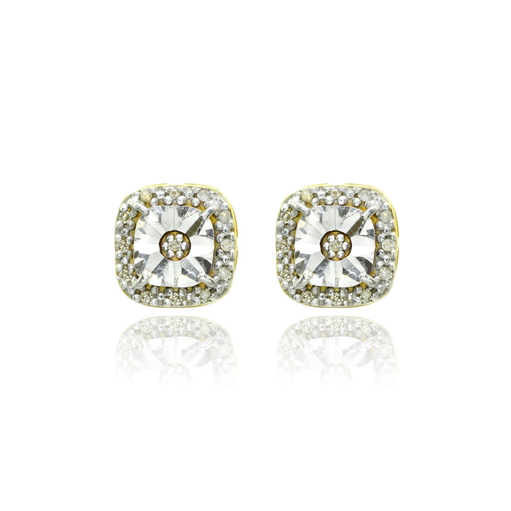 Halo Square Cushion Diamond Gold Flash Sterling Silver Stud Earrings, JK-I3