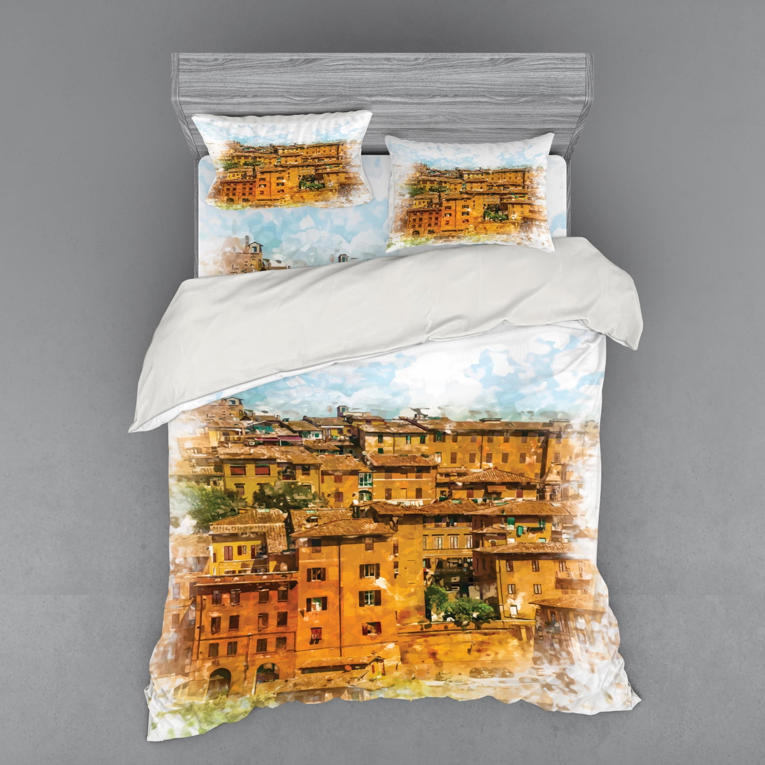 Italian Duvet Cover Set, Faded Historic Photo Italian Town with Old ...