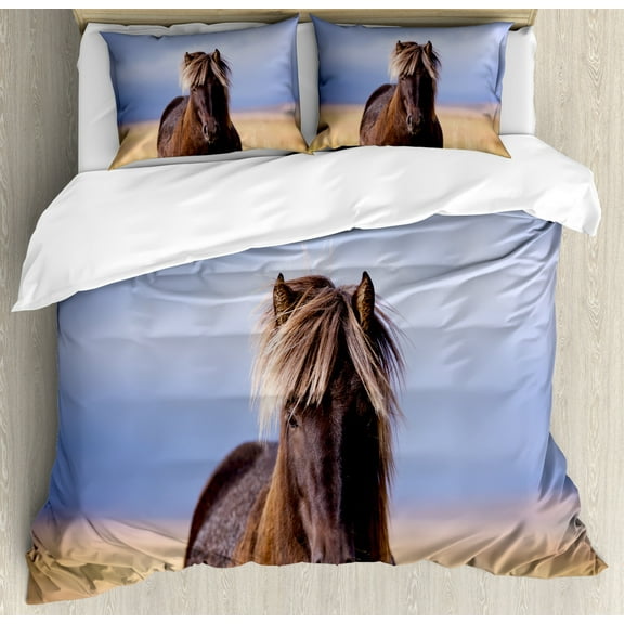 Iceland Duvet Cover Set King Size, Close up Horse Silhouette on a Blurry Backdrop, Decorative 3 Piece Bedding Set with 2 Pillow Shams, Ceil Blue Brown Camel, by Ambesonne