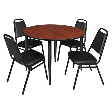 

Regency Kahlo 48 in. Round Breakroom Table- Cherry Top Black Base & 4 Restaurant Stack Chairs- Black