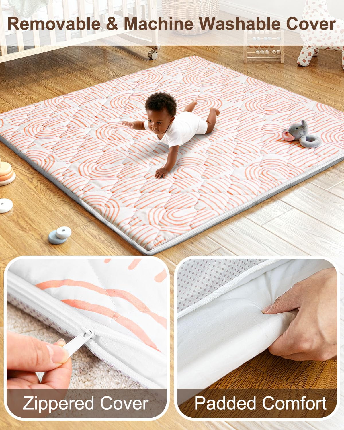 Zenkitch Baby Play Mat,Removable Washable Cover,50" × 50" ,Soft and Non-Slip for Infants and Toddlers, Suitable for Playpen and Floors