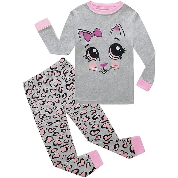 DDSOL Bambin Filles Pyjama Carton Chat Manches Longues Petite Fille Vêtements de Nuit Ensembles Deux Pièces Vêtements Ensemble 6T