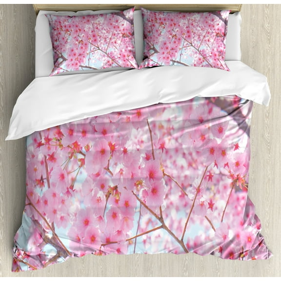 Floral Duvet Cover Set, Japanese Sakura Florets Essence Nature Beauty Blossoms Refreshing Summer Picture, Decorative 3 Piece Bedding Set with 2 Pillow Shams, Calking Size, Pale Pink, by Ambesonne