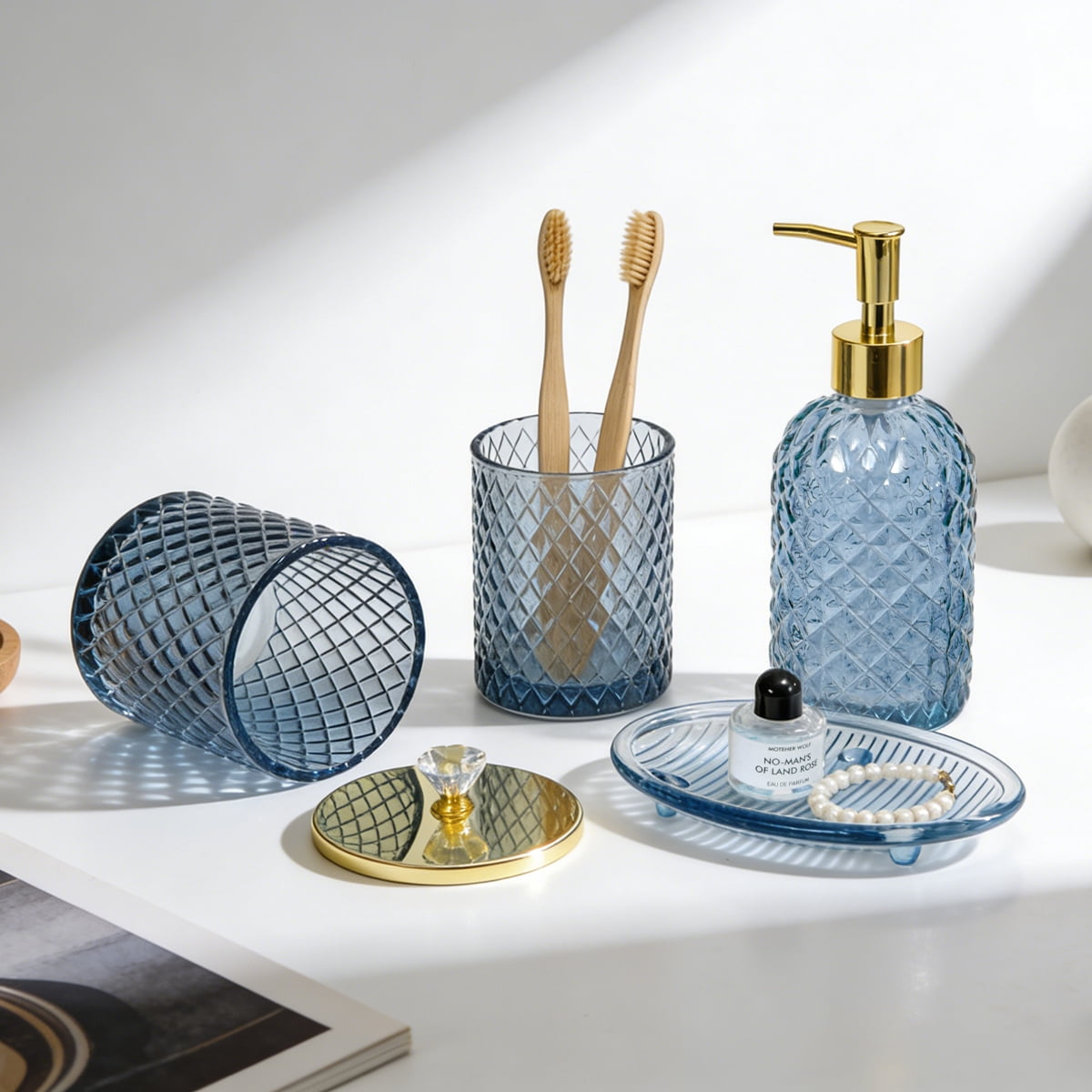 Cirhy Blue Bathroom Accessories Set, 4PCS Glass Bathroom Accessory Set with Lotion Soap Dispenser, Toothbrush Holder, Qtip Holder & Soap Dish, Modern Bathroom Decor for Home Apartment