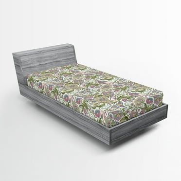 Ambesonne Paisley Fitted Sheet, Vintage Style Floral, Twin Size, Purple White Green