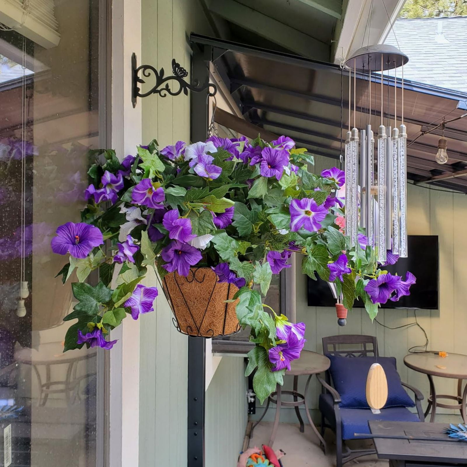 2PCS Artificial Hanging Fake Flowers Plants for Outdoor Spring Decoration, Faux Silk Flower UV Resistant Morning Glory for Home Porch Patio Garden Balcony Yard Look Real