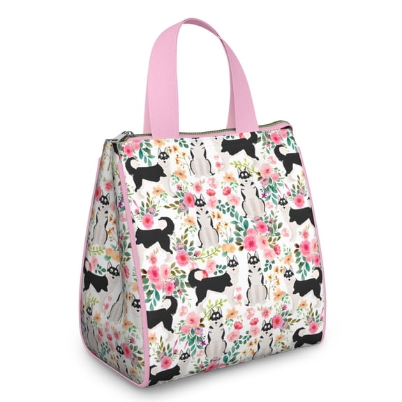 Husky Dog Flower Floral Insulated Lunch Bag for Women & Adults,Large Portable Soft Cooler Lunch Bag,Thermal Food Storage Tote with Pearl Cotton,8.66L,8.75x5.75x9.5 Inch