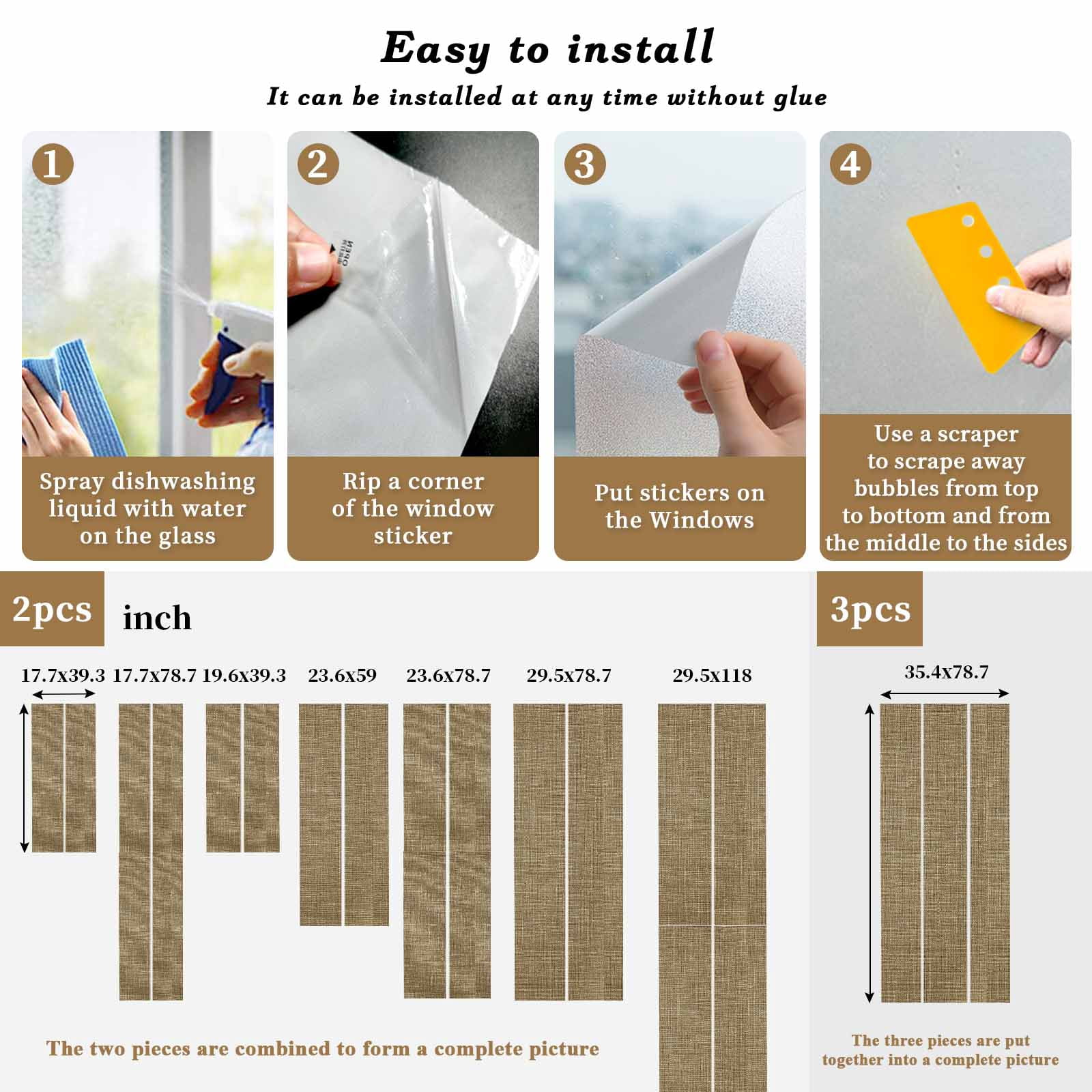 Static Cling Door Window Covering, Brown Window Privacy Film Frosted, Farmhouse Burlap Solid Beige Color Modern Linen Texture UV Blocking Windows Film for Office, Hotel, Bedroom, 29.5 x 78.7 Inches