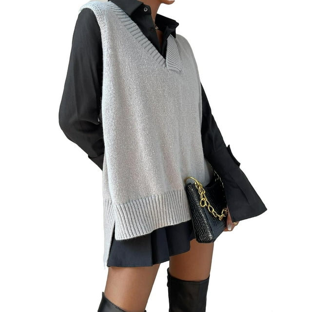 V neck Grey Women's Sweater Vests (Women's) Casual Plain (Women's ...