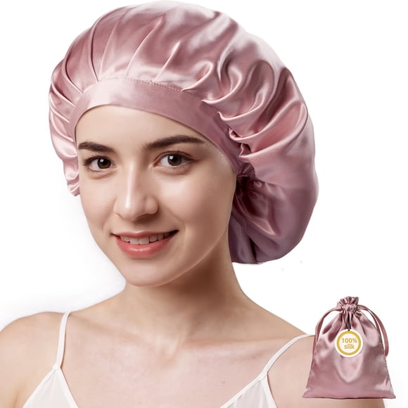 Gorro de seda Kaome 22 momme ajustable rosa para dormir