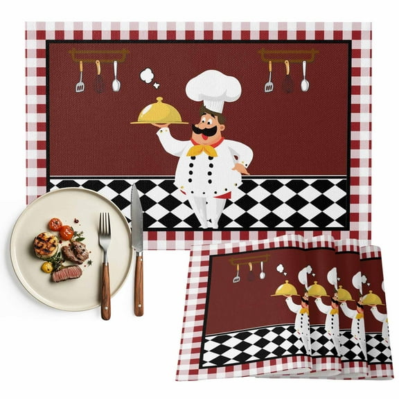 Placemats Set of 6, Cartoon Chef Place Mats Kitchen Gourmet Red Plaid Tablemats Washable Placemat Table Decoration for Kitchen Table Dinner Party Home Decor Indoor Outdoor 13x19 Inch