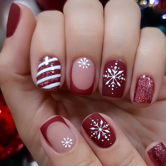 Buy 2 Get 1 Free Christmas Press On Nails, Short Square Fake Nails, Wine Red Snowflake Stripe Glue On Nails, Reusable Winter False Nails for Women Holiday Xmas Gift