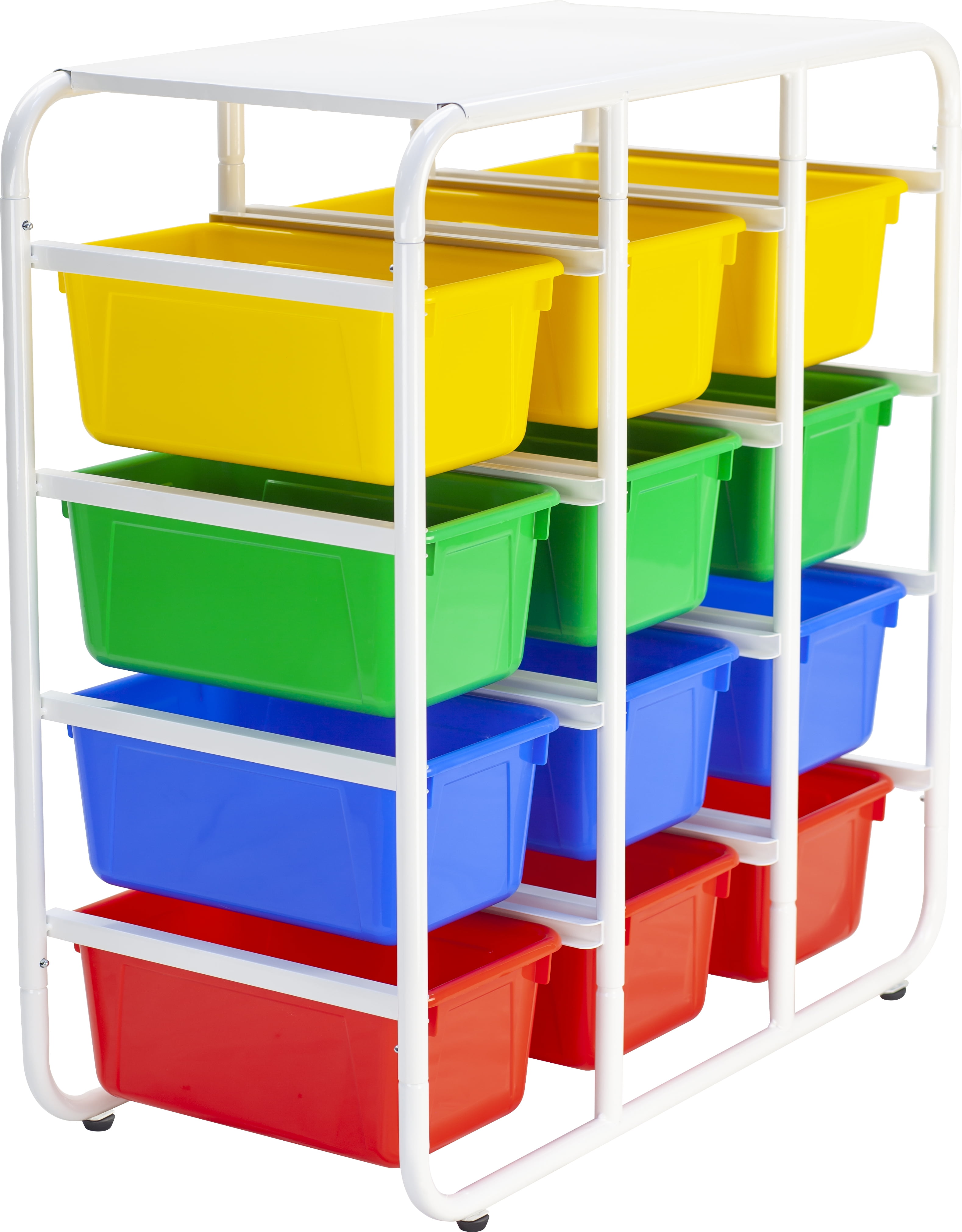 Storex Metal Storage Rack for Kids with 12 Plastic Cubby Bins, Assorted