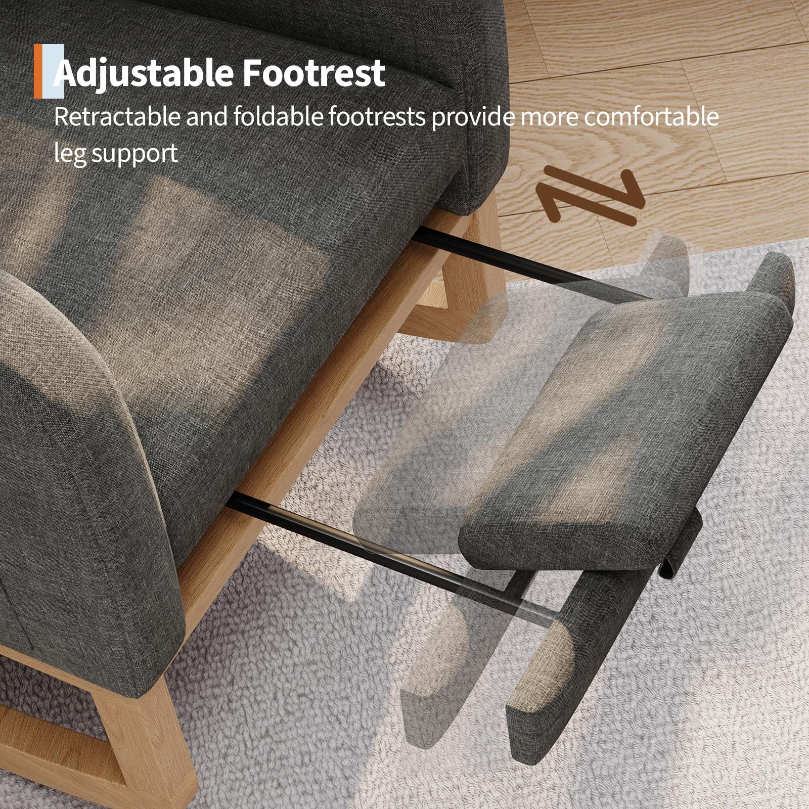 Modern Nursery Rocking Chair with Adjustable Footrest – High Backrest, Linen Upholstery, Sturdy Wooden Legs, Comfortable Glider Armchair for Living Room, Bedroom, or Nursing Room – Gray with Footrest