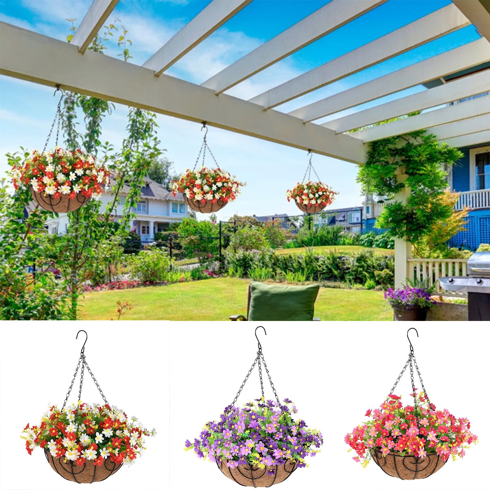 Fuebueo Artificial Flower Hanging Basket with Coco Liner, 8 Inch Purple Faux Daisy Silk Flowers, Metal Wire Planter with Chain for Outdoor Porch, Patio, and Garden Decor